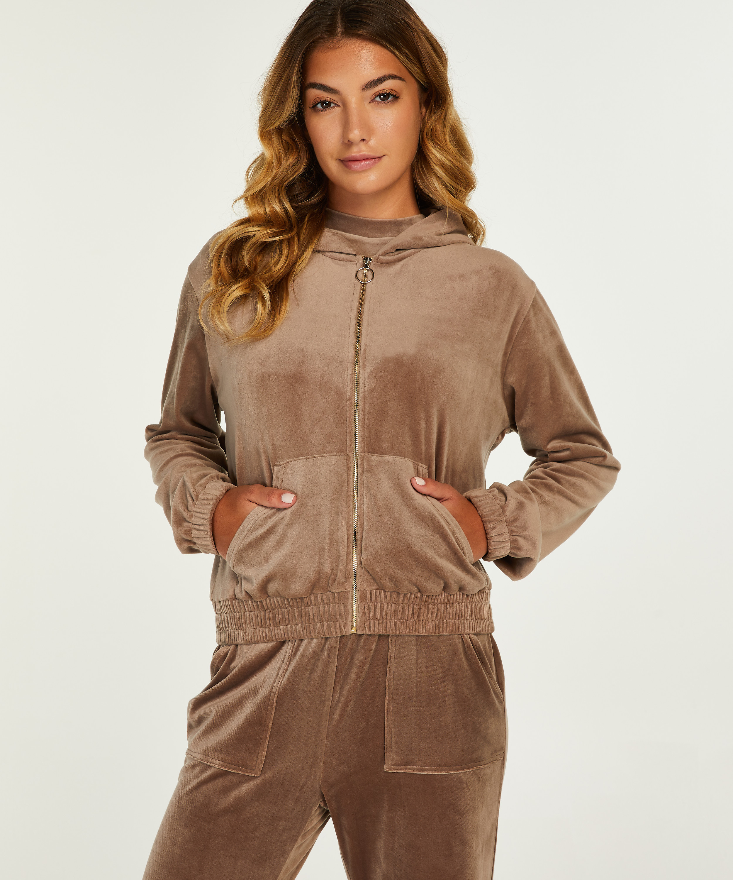 Hoodie jakke i velur, Brun, main